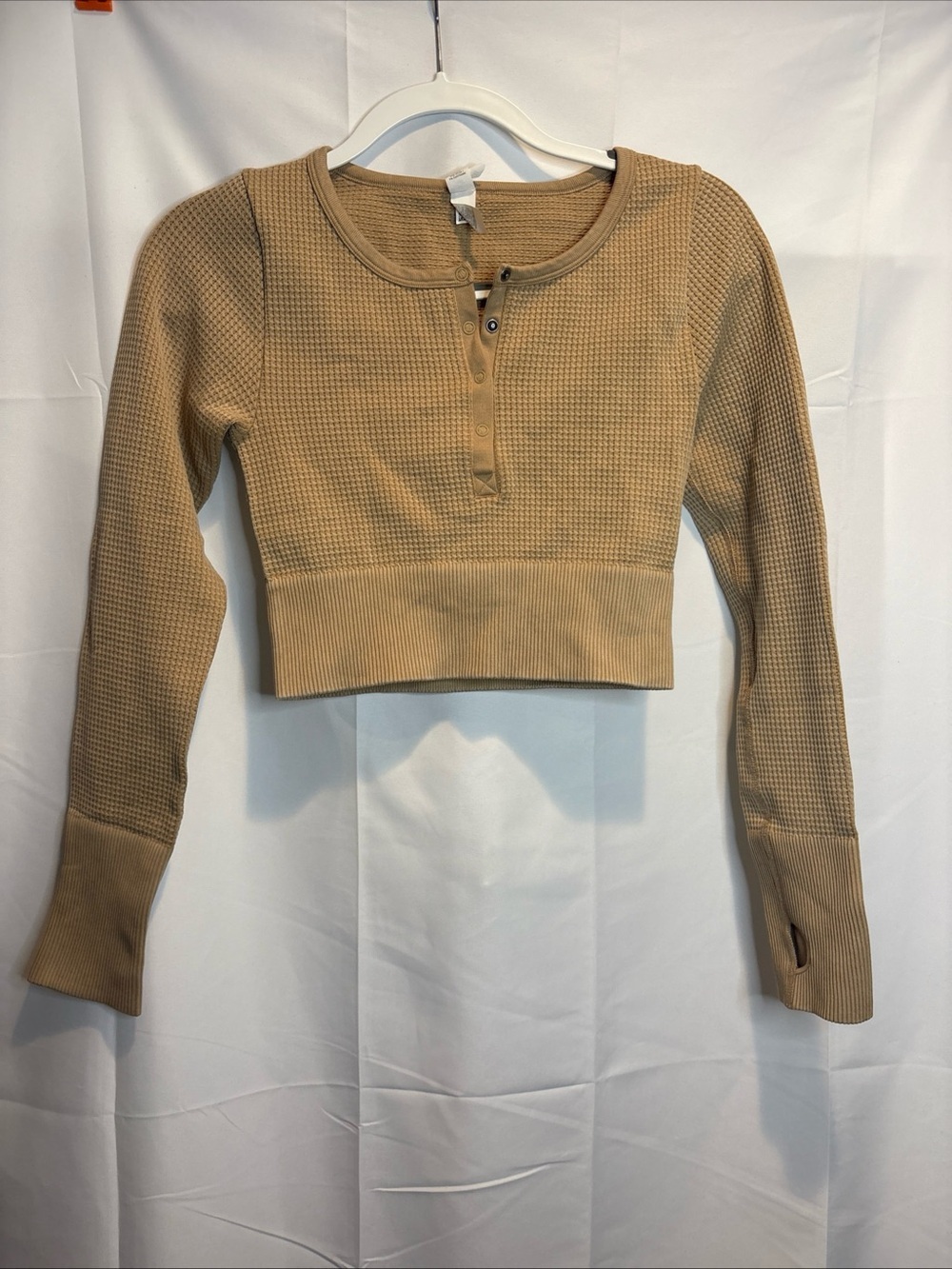 aerie Cropped Waffle Henley Top in Tan